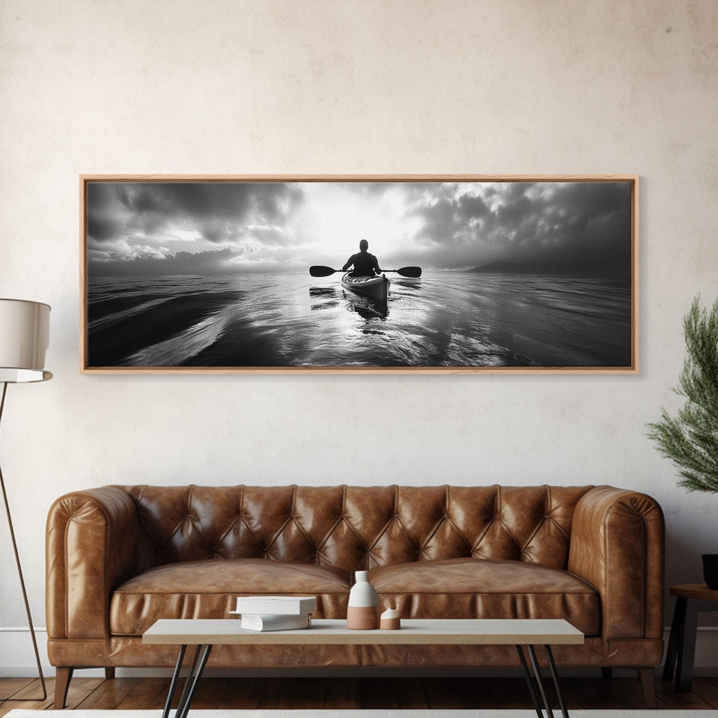 Kayaking, Sea Journey, Ocean Paddle, Canvas Print, Outdoor adventure wall art, Moody landscape, Modern living room decor, Wilderness art
