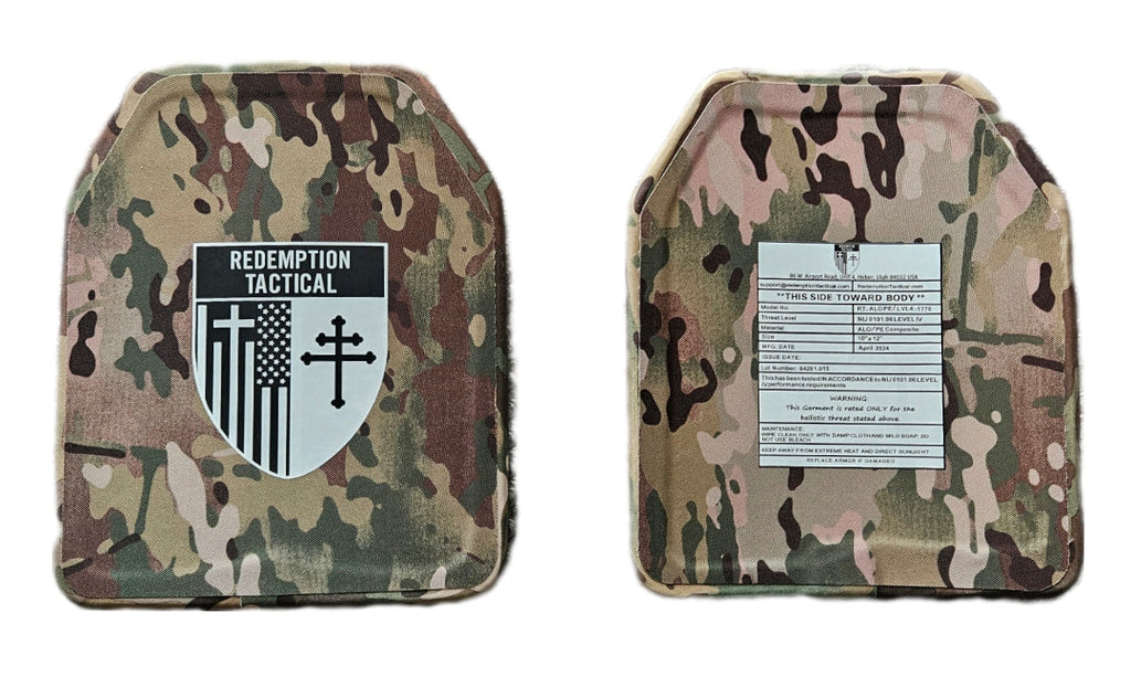 Pair of 10x12 Level IV Ceramic PE Plates Ballistic FRONT AND BACK (SIZE SMALL to LARGE) Curved with Shooters Cut